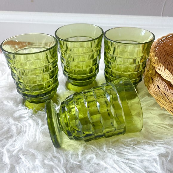 Set of 4 - Vintage Indiana Glass Co Whitehall Avocado Color Juice Glasses